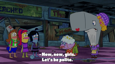 Animated scene featuring characters from &quot;SpongeBob SquarePants.&quot; Pearl, the whale on the right, wearing a hat and necklace, speaks to three fish and Mrs. Puff. Subtitles: &quot;Now, now, girls. Let&#x27;s be polite.&quot;