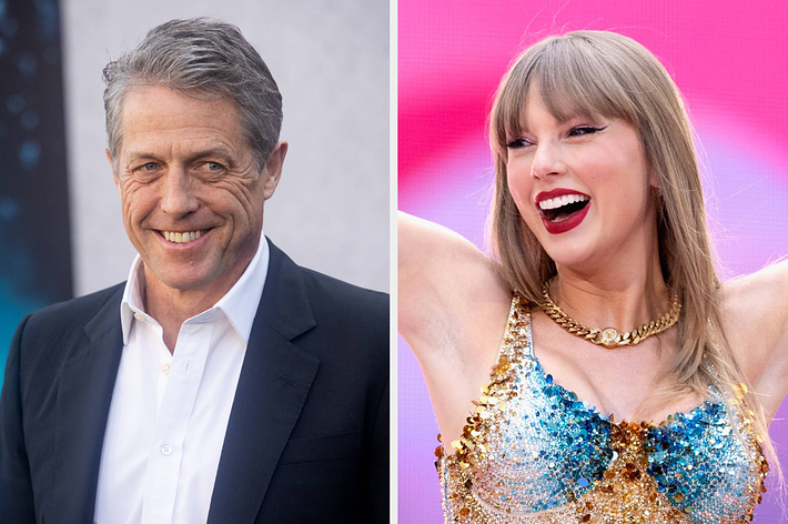 Hugh Grant in a suit smiling; Taylor Swift, in a sequined costume, singing on stage