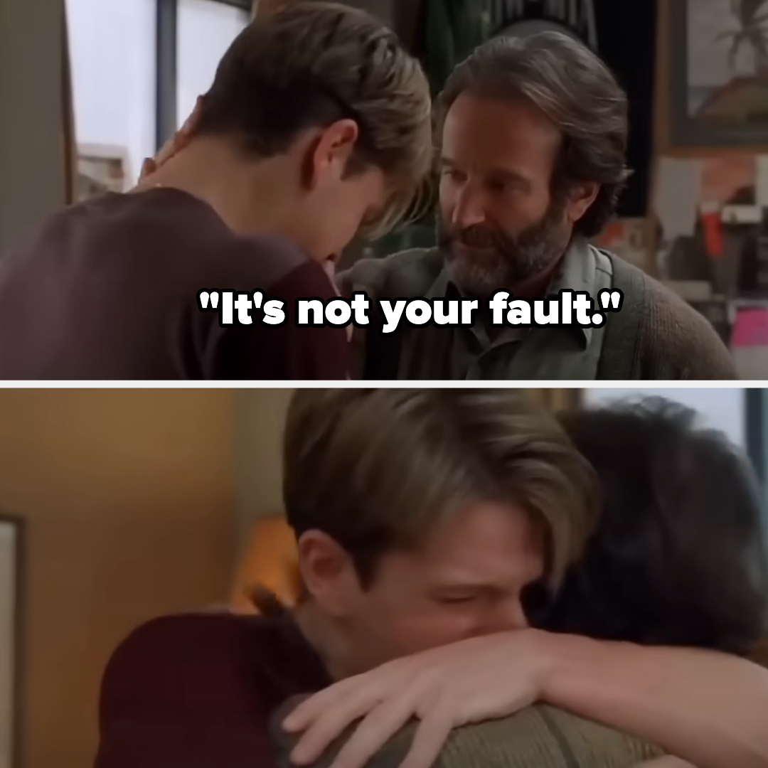 Top image shows Robin Williams comforting Matt Damon, saying, &quot;It&#x27;s not your fault.&quot; Bottom image shows Matt Damon crying and hugging Robin Williams
