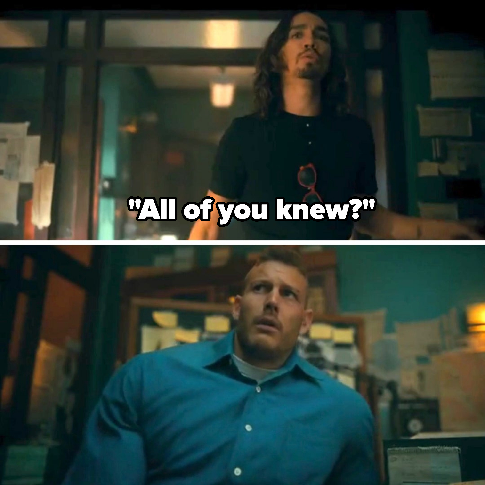 Scene from &quot;The Umbrella Academy&quot; showing characters Klaus Hargreeves (upper) looking concerned and Luther Hargreeves (lower) sitting with a worried expression