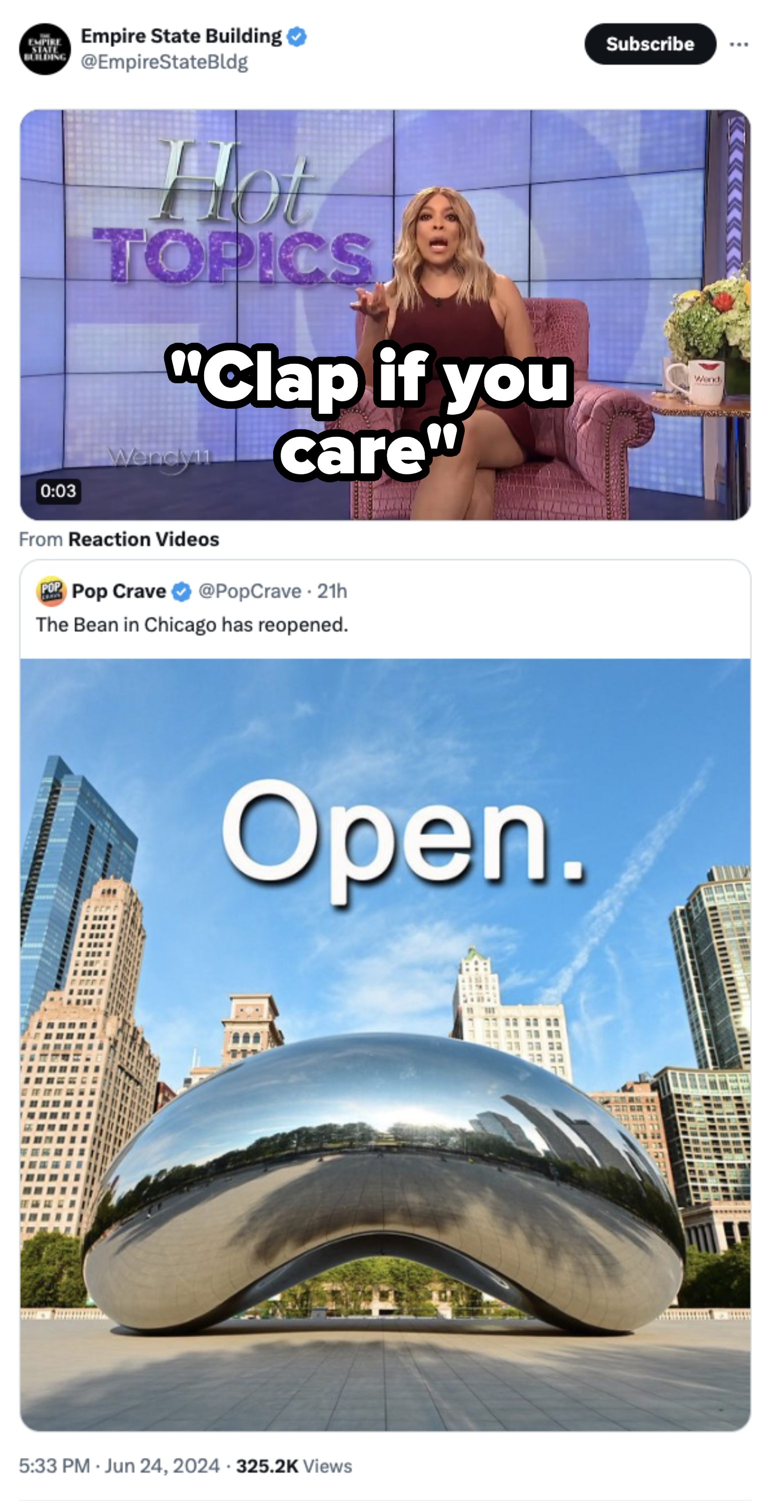 Wendy Williams in a burgundy dress on her show &quot;Hot Topics.&quot; Below, an image of Cloud Gate in Chicago with the text &quot;Open.&quot;