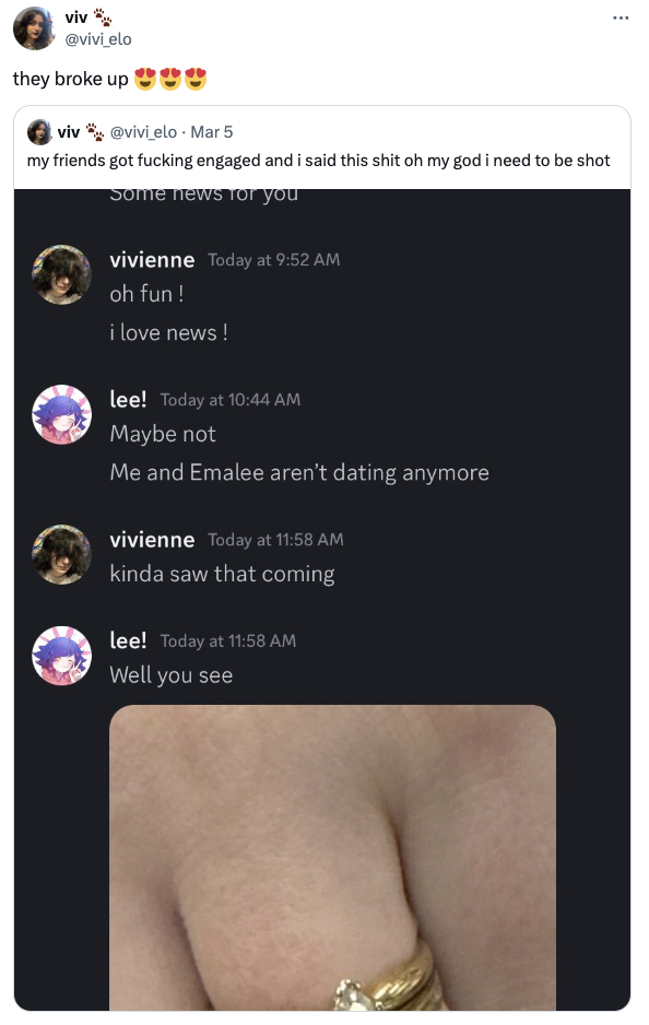 Twitter post from @vivi_elo about a breakup, with a screenshot of a Discord chat discussing a friend&#x27;s engagement and breakup