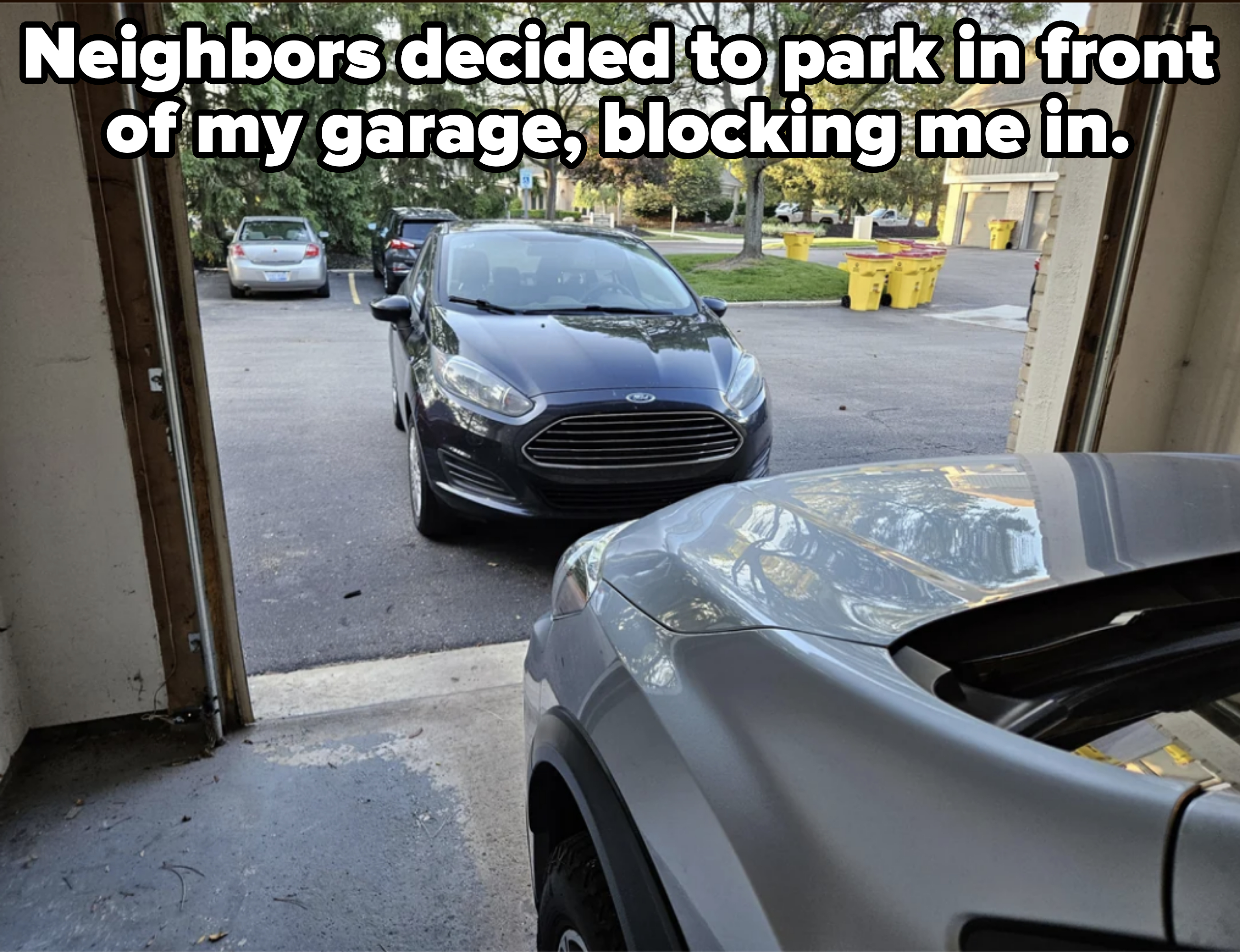 Cars parked in a driveway and a garage, with trees, other vehicles, and buildings in the background