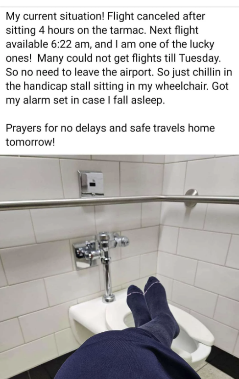 Social media post showing person sitting in an airport bathroom stall due to long flight delays, with text detailing their situation, delays, and next flight at 6:22 am