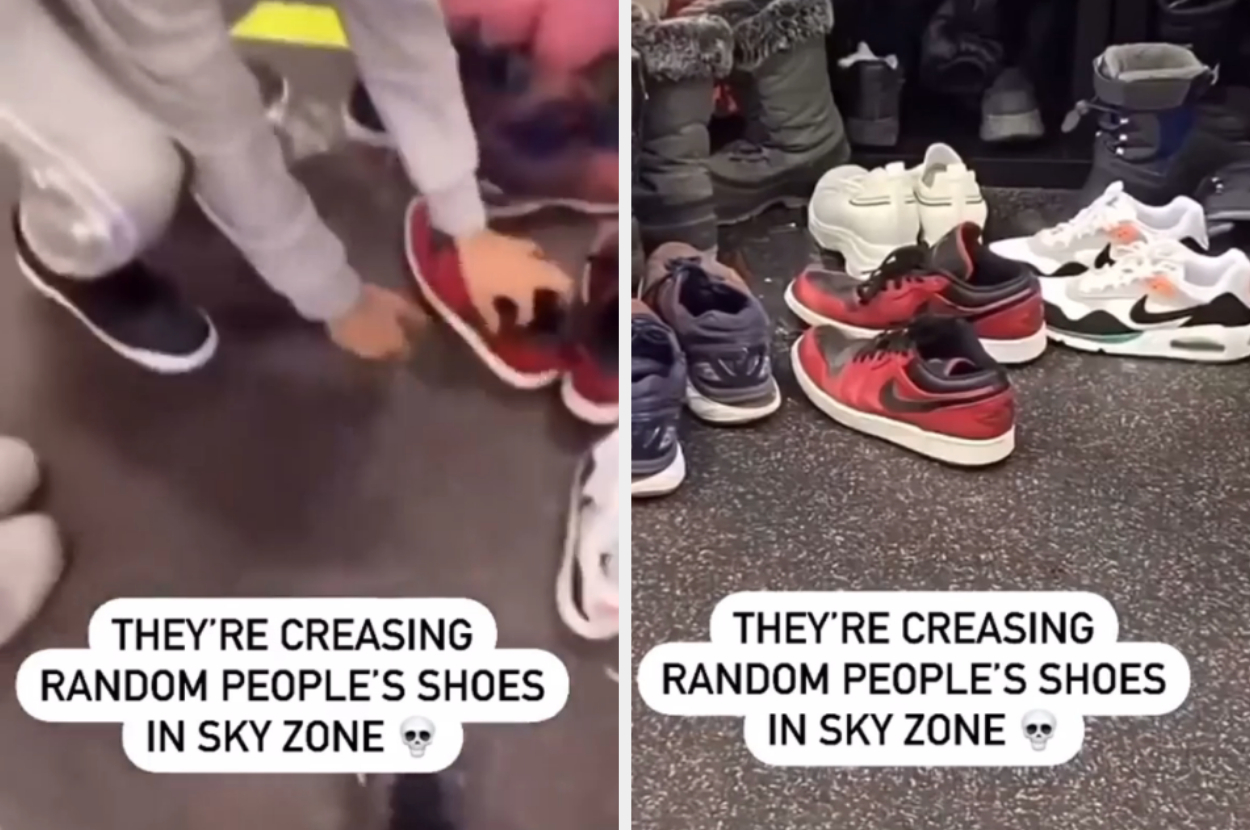 People are seen creasing random shoes at Sky Zone, with several sneakers displayed on the floor. Text in the image reads: &quot;They&#x27;re creasing random people&#x27;s shoes in Sky Zone&quot;