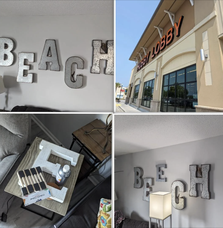 Four images show crafting supplies from Hobby Lobby and the word &quot;BEACH&quot; spelled out with silver decorative letters in a home setting