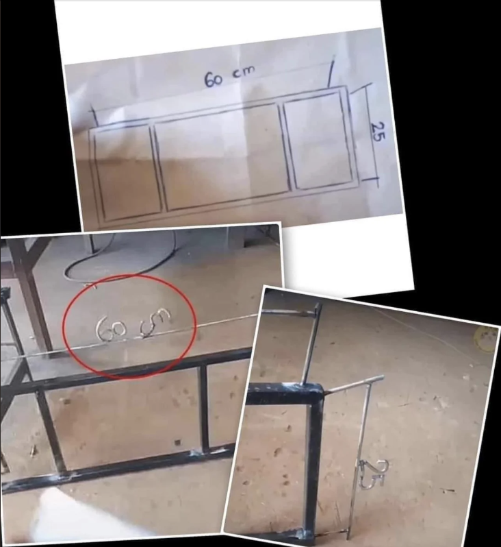 Blueprint sketch and photos of a DIY project show a steel frame with welded rods, with a red circle around a measurement reading &quot;60 cm.&quot;