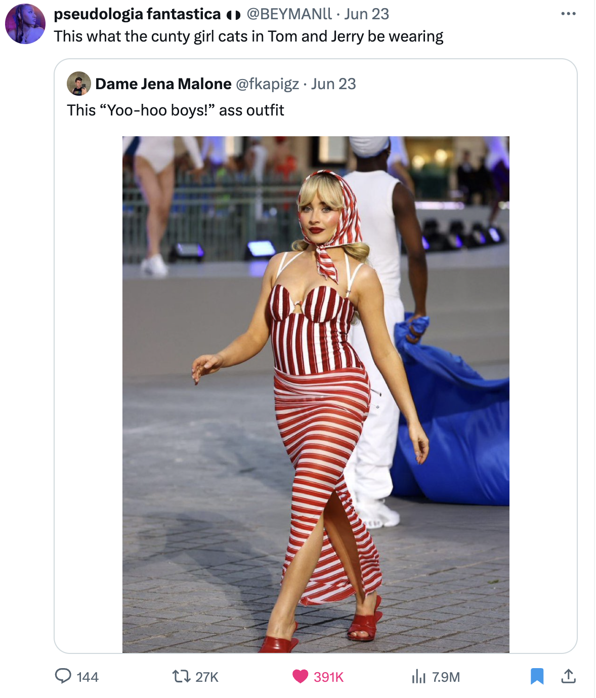 Jena Malone walks a runway in a form-fitting, striped red and white outfit, including a headscarf. The tweet text says: &quot;This &#x27;Yoo-hoo boys!&#x27; ass outfit.&quot;