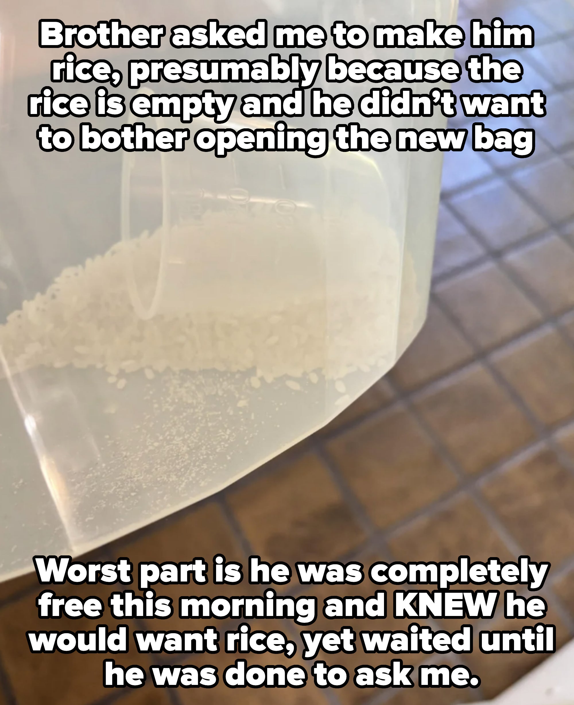 A plastic measuring cup inside a plastic container is partially filled with white rice on a tiled surface