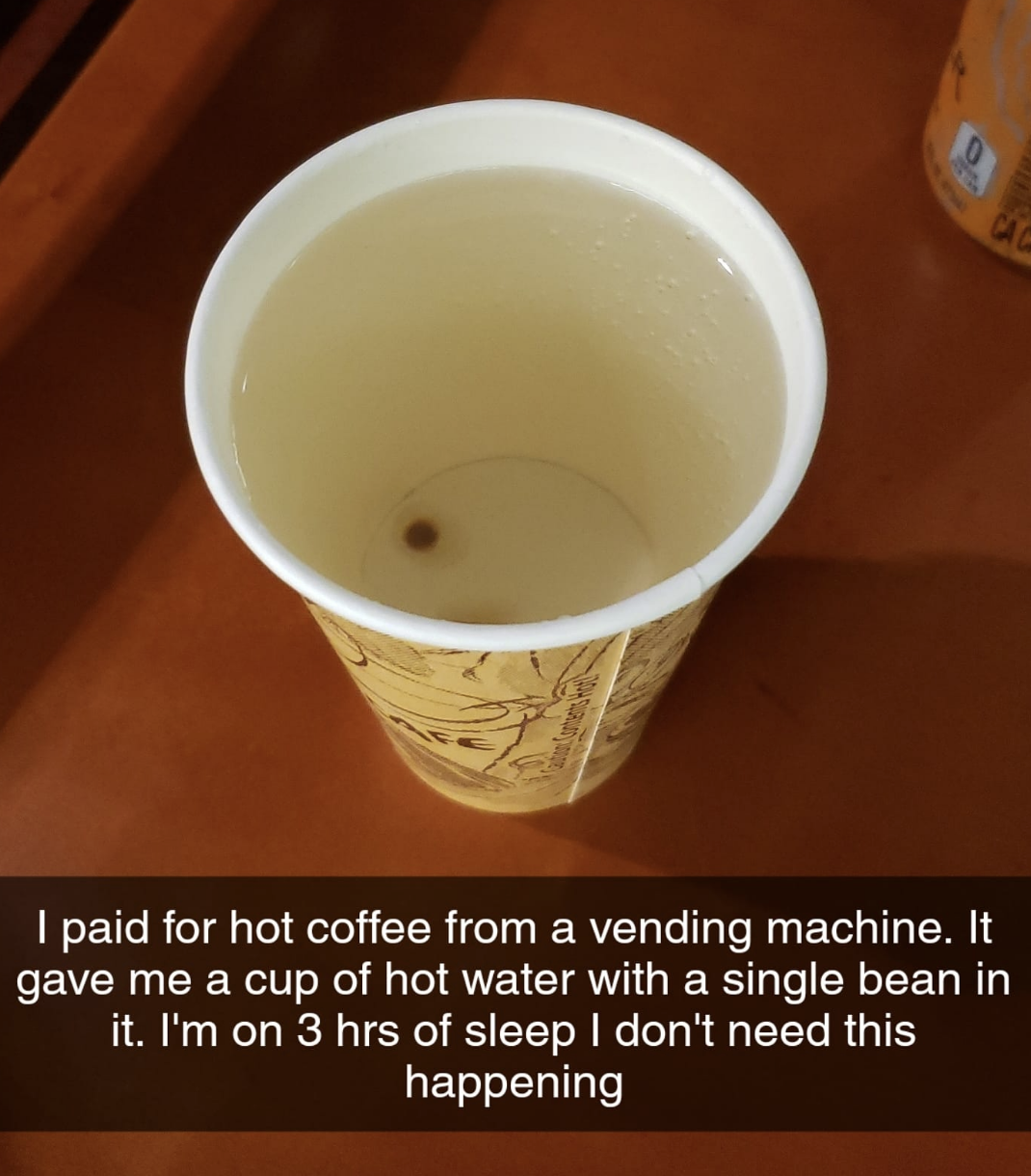 A cup of hot water with a single coffee bean inside is shown. Text reads: &quot;I paid for hot coffee from a vending machine. It gave me a cup of hot water with a single bean in it. I&#x27;m on 3 hrs of sleep I don&#x27;t need this happening.&quot;