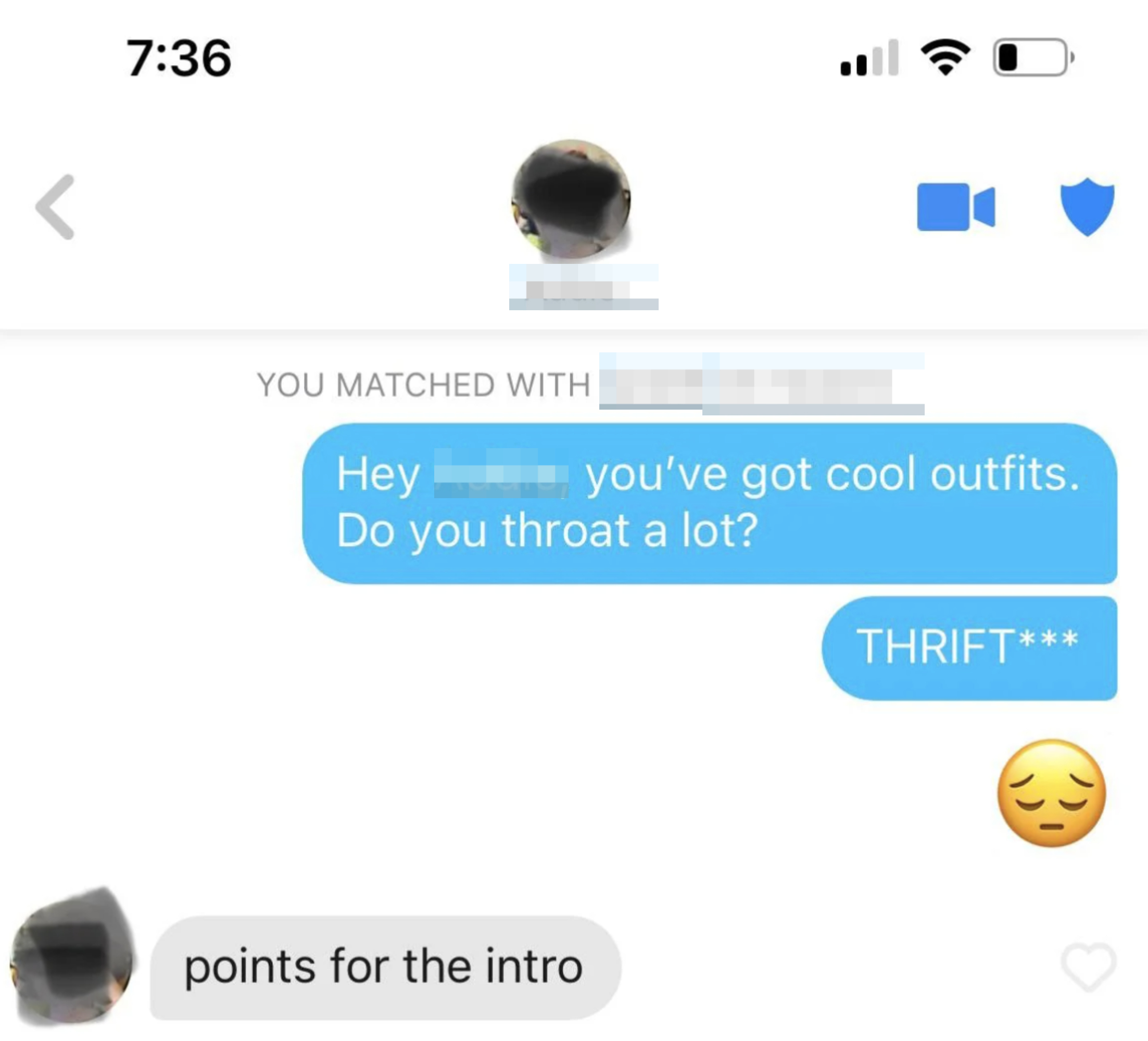 Dating app chat with Addie. Addie is complimented on outfits but asked an inappropriate question. Addie responds humorously with &quot;points for the intro.&quot;
