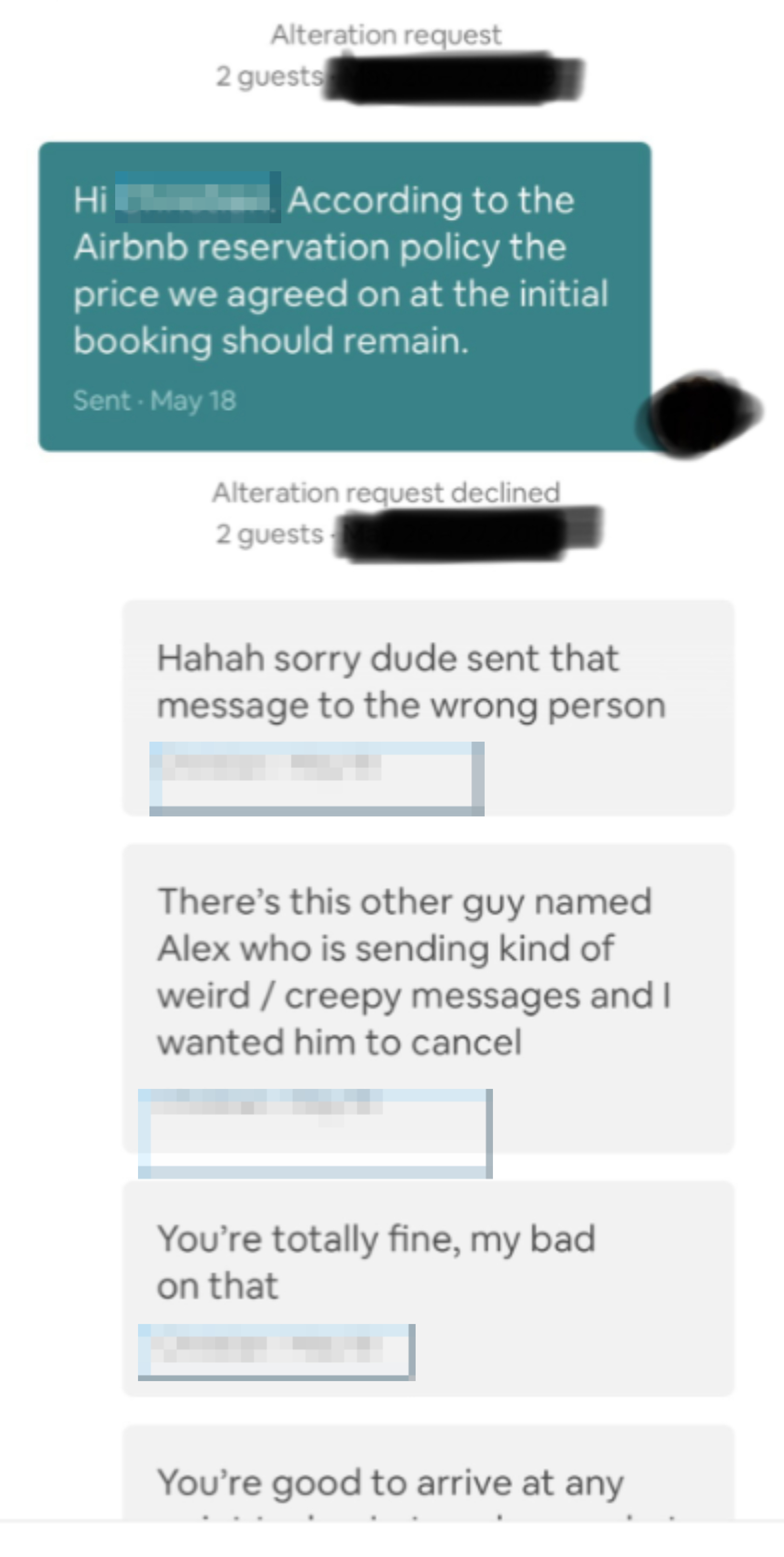 Screenshot of a text conversation discussing an Airbnb reservation price and a mix-up in message recipients, featuring texts from Christian and another person