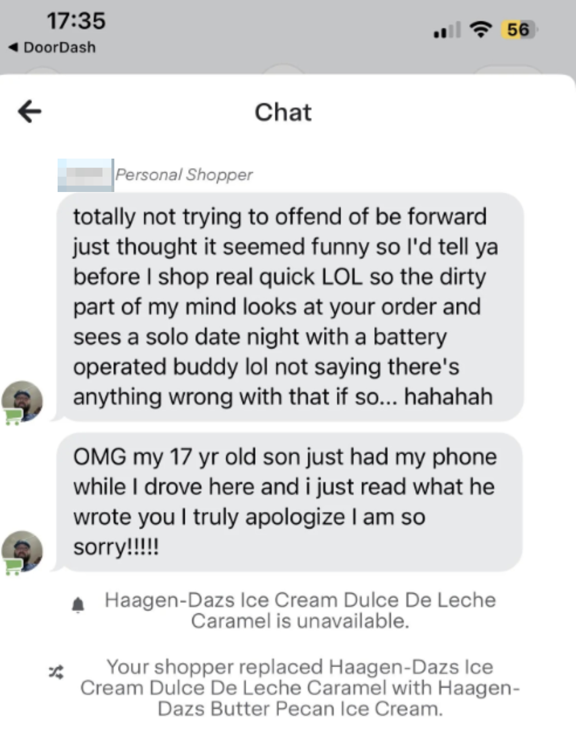 Text message exchange: Person 1 apologizes for their child&#x27;s inappropriate message. Person 2 updates about unavailable Haagen-Dazs ice cream flavor and its replacement
