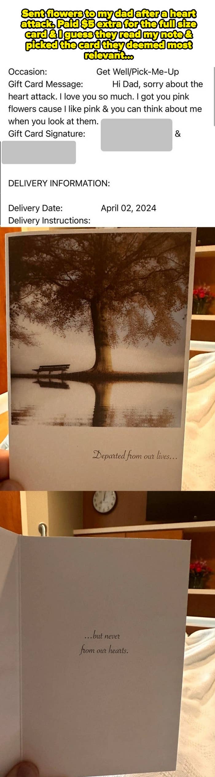 Card with a lake and trees saying &quot;Departed from our lives... but never from our hearts.&quot; Gift card message apologizes for a father&#x27;s heart attack, expressing love. Delivery on April 2, 2024