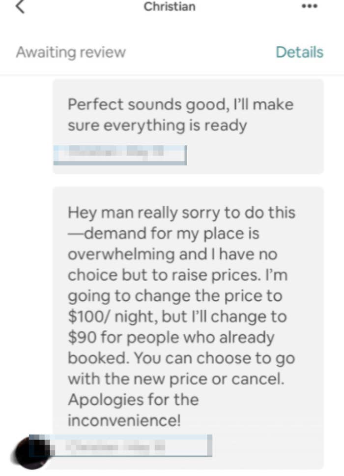 Screenshot of a conversation where Christian apologizes for increasing the price of his place to $100 per night due to high demand