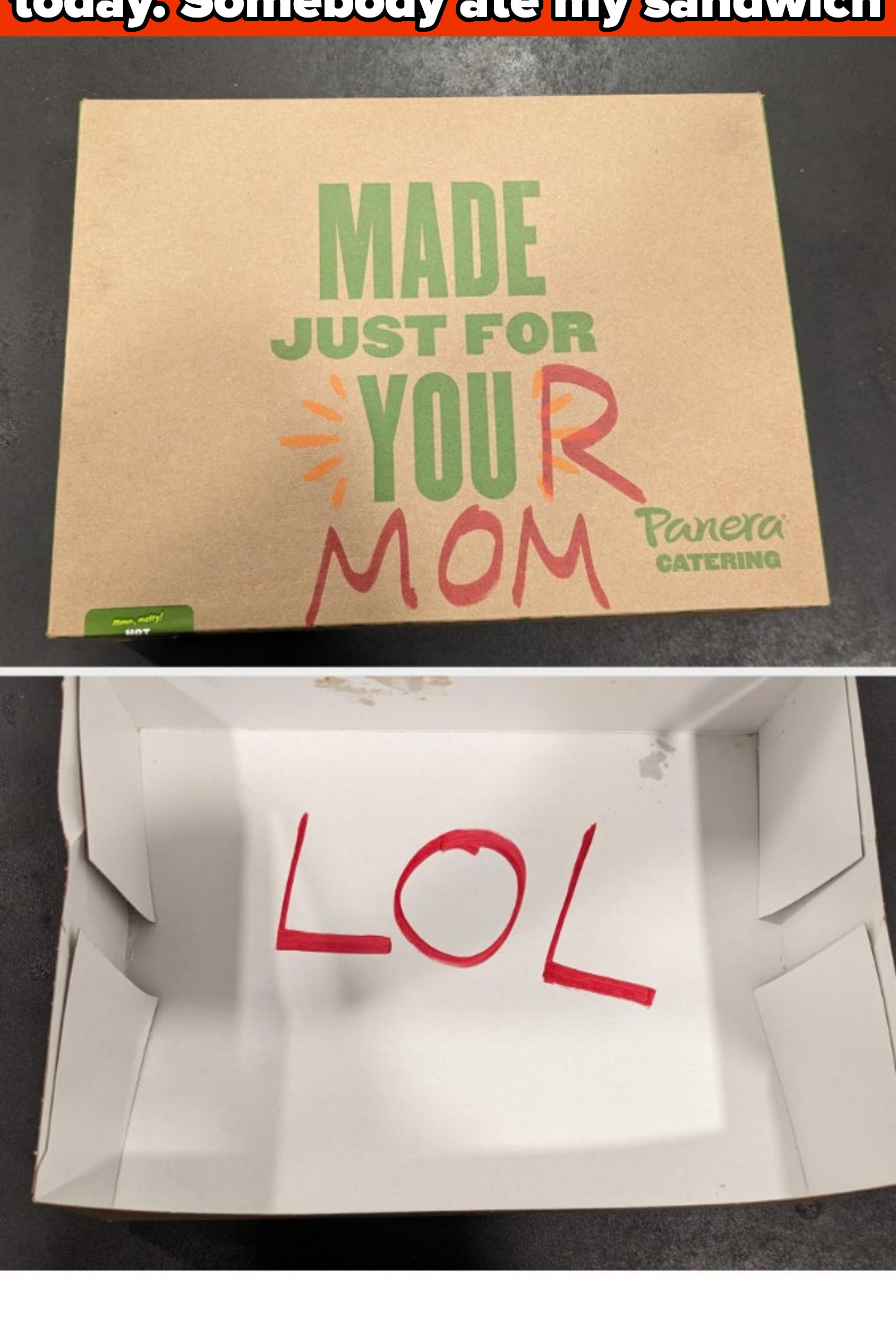 Empty catering box with &quot;Made Just for Your Mom&quot; on the cover and &quot;LOL&quot; written inside