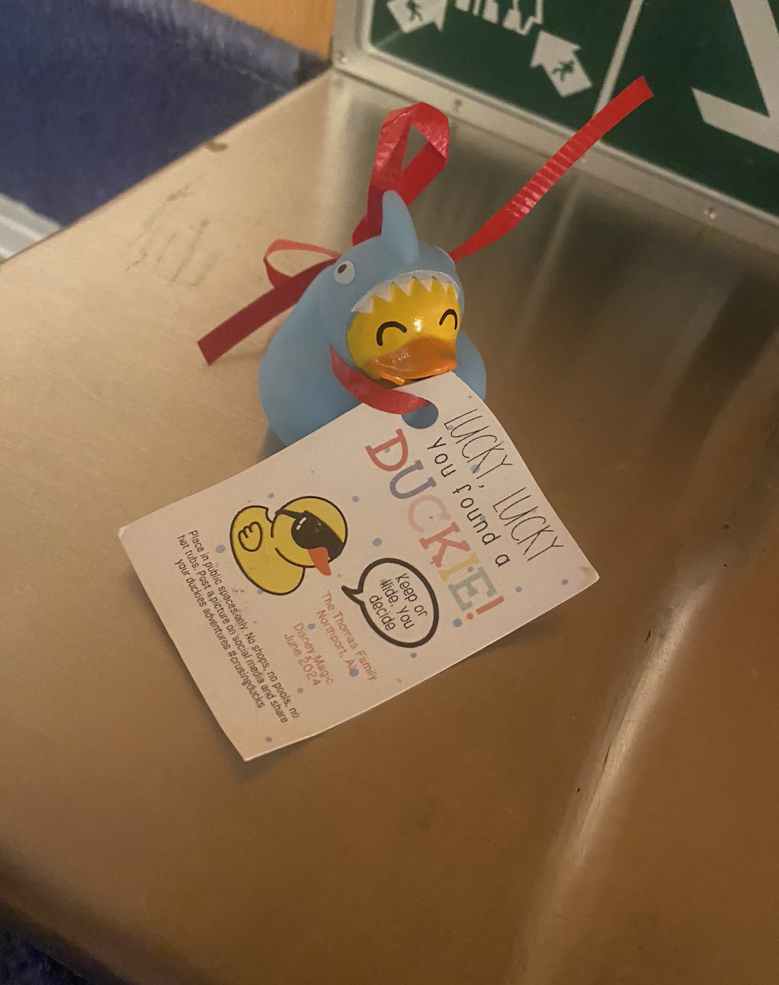 A small blue rubber duck wearing a shark costume with a red ribbon around its neck, holding a card that reads, &quot;Lucky Lucky, you found a DUCKIE!&quot;