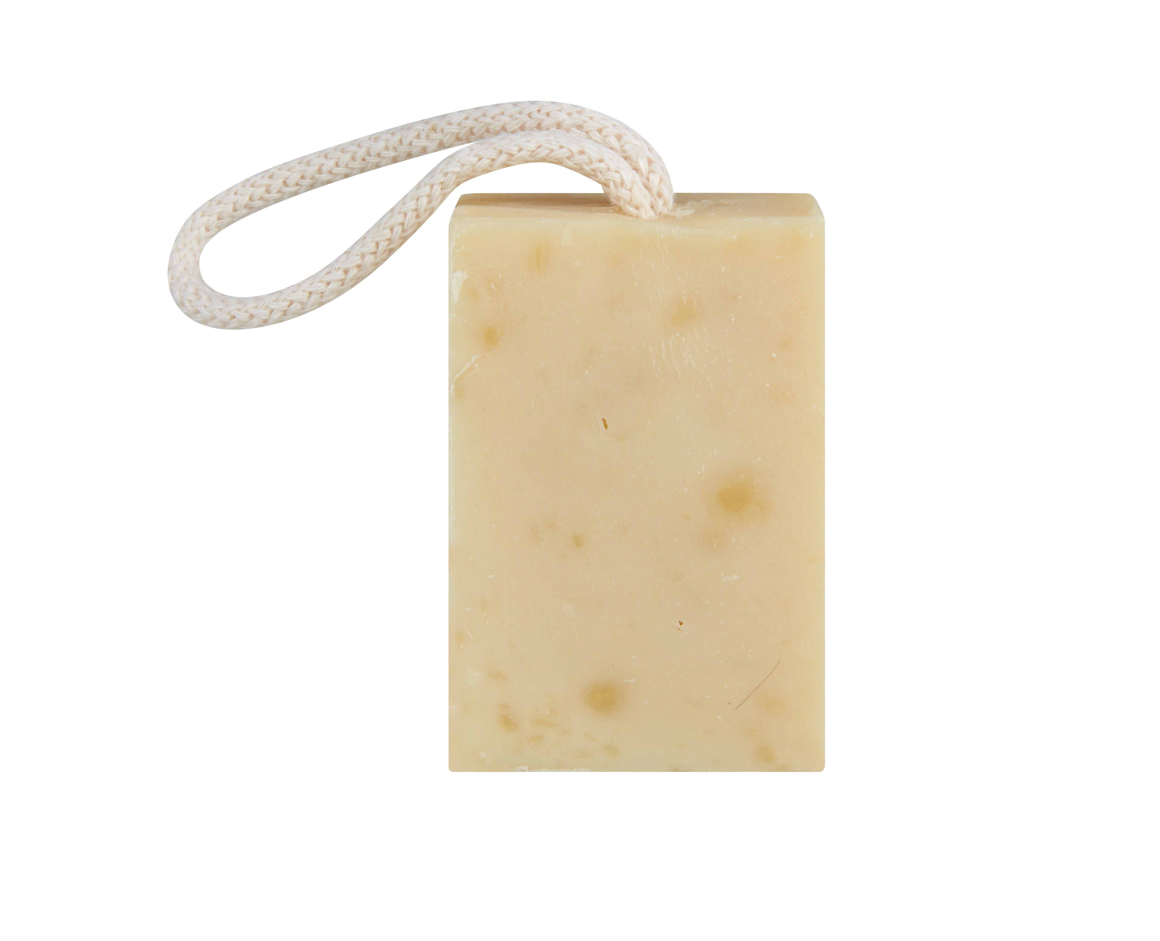 A rectangular soap bar with a looped rope attached to one end