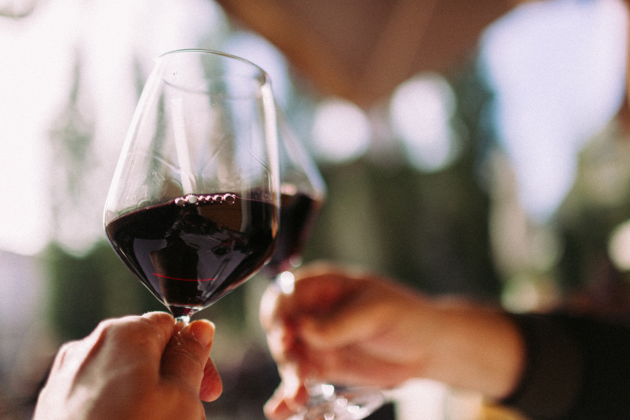 Two hands holding wine glasses, toasting in an outdoor setting with blurred greenery in the background