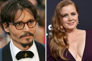 Johnny Depp in a tuxedo and glasses and Amy Adams in a plunging neckline dress posing at an event