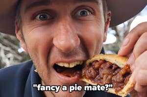 Man in a hat close-up biting into a meat pie with the text, "Fancy a pie mate?"