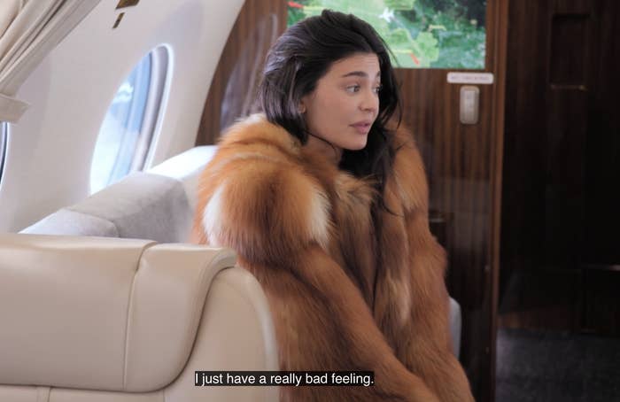 Kylie Jenner in a fur coat sits in a private jet, saying, &quot;I just have a really bad feeling.&quot;