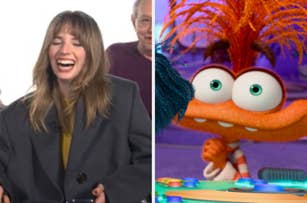 Lily Collins laughs with people, jacket fashion; to the right, a cartoon scene of a character with large eyes and wild hair from Ruby Gillman, Teenage Kraken