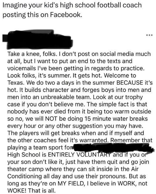 Screenshot of a Facebook post by a high school football coach addressing the commitment and values they expect from their players regarding practice and social media use