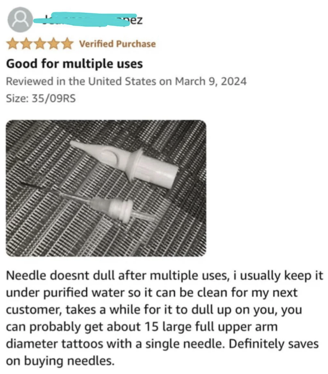 Customer review of tattoo needles, rated 5 stars. Reviewer states needles stay sharp, can complete about 15 large tattoos per needle, and recommends purchase