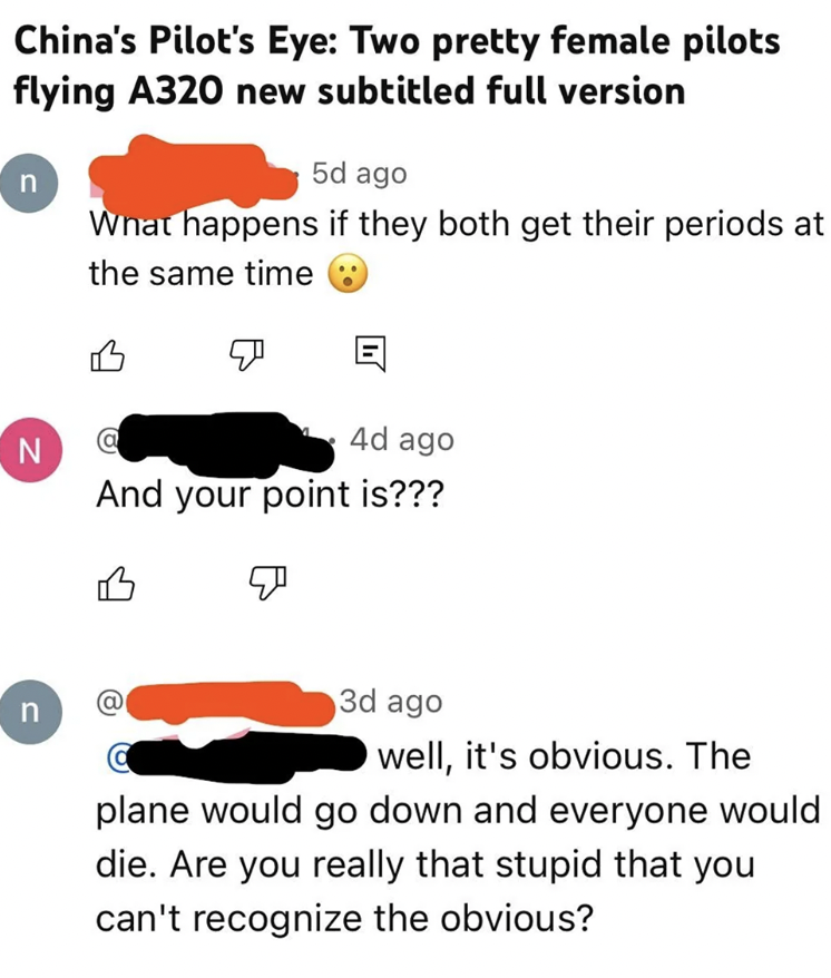 Screenshot of comments discussing &quot;China&#x27;s Pilot&#x27;s Eye: Two pretty female pilots flying A320&quot; full version. Comments contain sexist and insulting remarks about female pilots