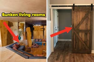 Two images: Left shows a sunken living room with L-shaped couch; right shows a closed sliding barn door