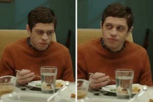 Pete Davidson in a dual image at a dining table, looking displeased on the left and glancing to the side on the right, holding a fork and sitting in front of a meal