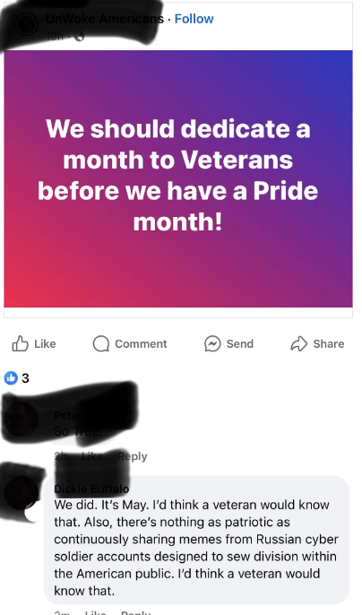 A Facebook post reads, &quot;We should dedicate a month to Veterans before we have a Pride month!&quot; Comment below reads, &quot;We did. It&#x27;s May. I&#x27;d think a veteran would know that...&quot;