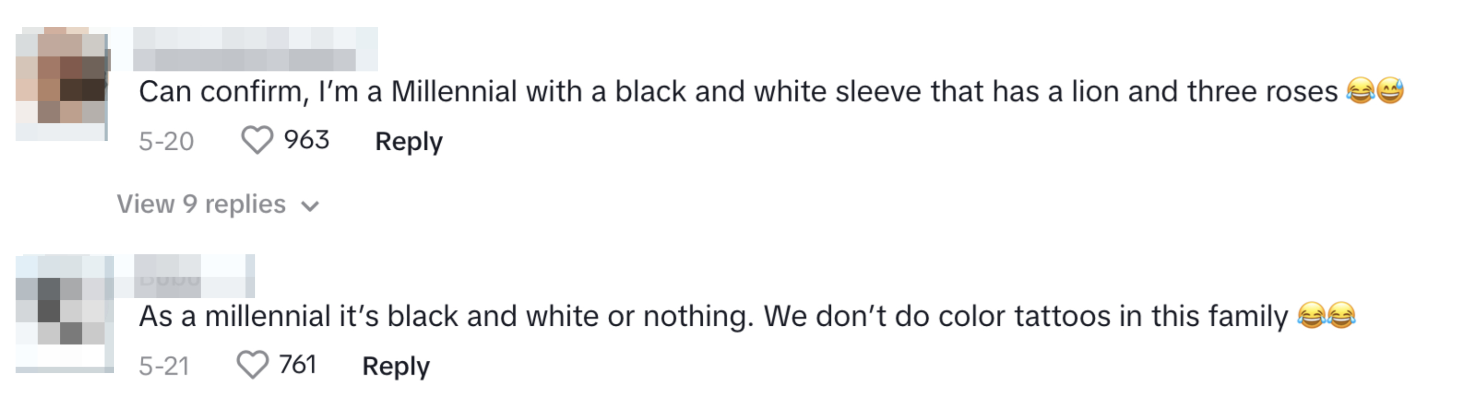 Comments on social media about Millennial tattoo preferences. One mentions having a black and white sleeve with a lion and roses, the other prefers black and white tattoos