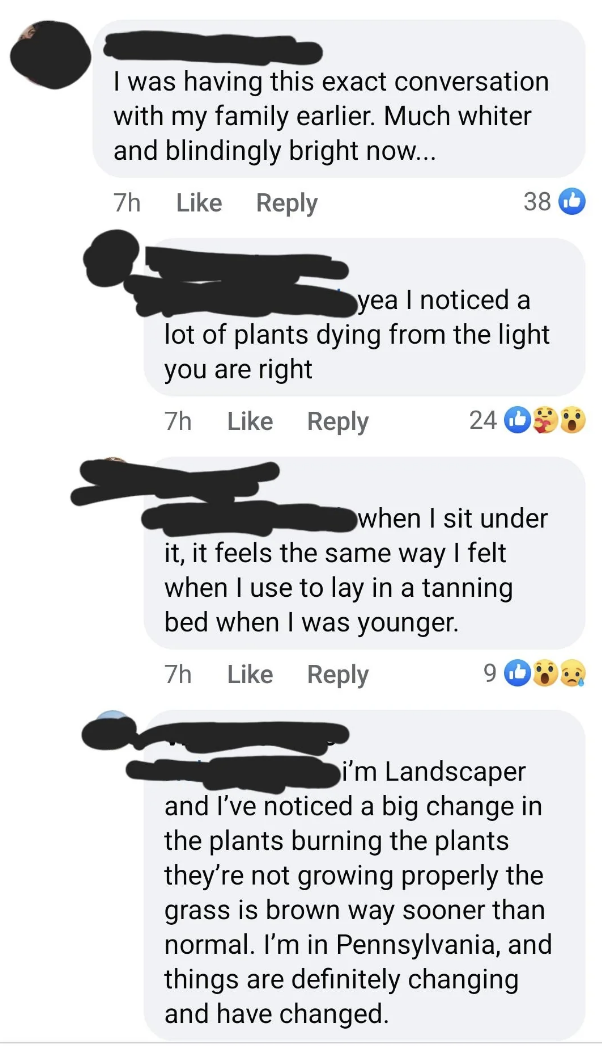 Facebook comments from multiple users discussing changes in plant growth and brightness due to nearby lights. Users mention the impact on their plants and reminiscent experiences with tanning beds