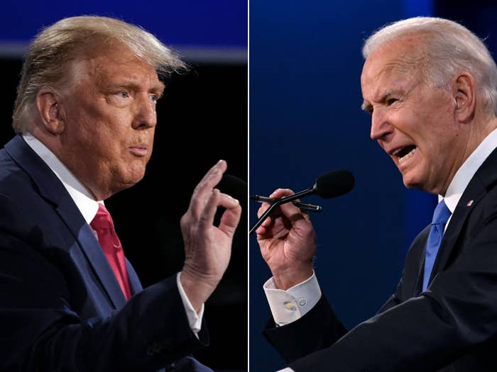 Donald Trump and Joe Biden speaking into microphones during a debate