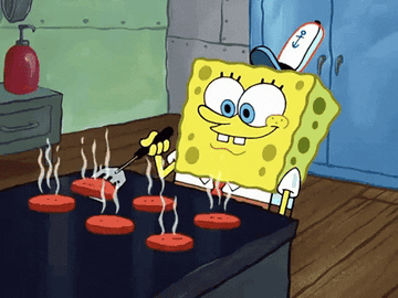 SpongeBob SquarePants is grilling burgers on a flat-top grill, smiling as he flips them with a spatula in a kitchen setting