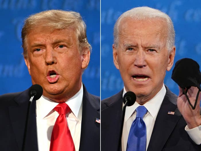 Donald Trump and Joe Biden speaking into microphones at a debate