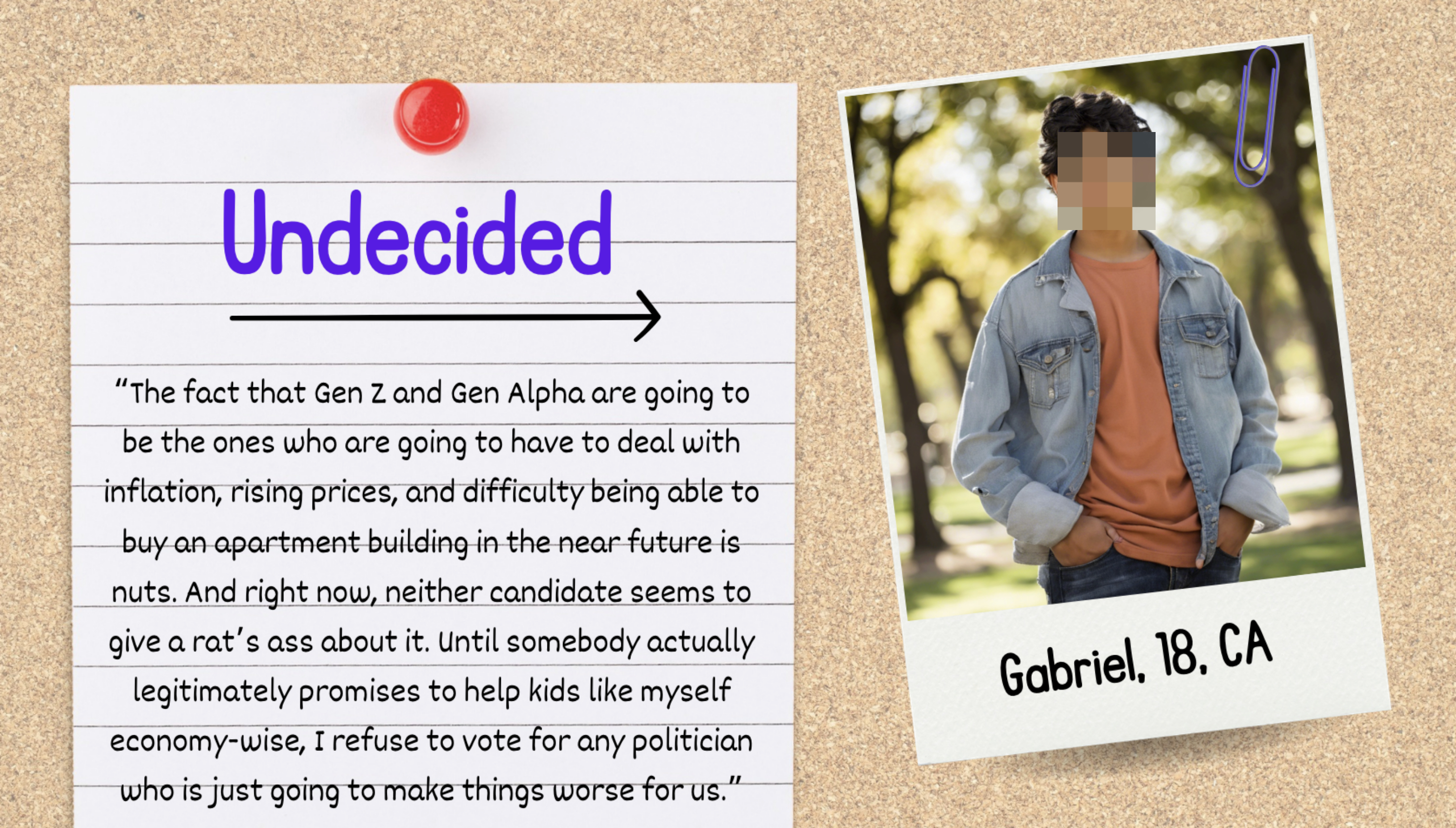 A bulletin board features a note saying &quot;Undecided&quot; with a quote about Gen Z and Gen Alpha&#x27;s future challenges