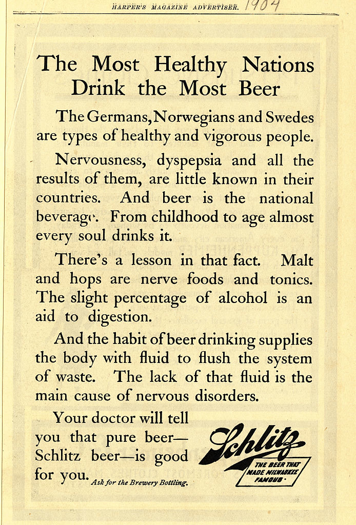 Advertisement titled &quot;The Most Healthy Nations Drink the Most Beer&quot; from Harper&#x27;s Magazine, 1907, promoting Schlitz beer as a healthy choice for its supposed digestive benefits
