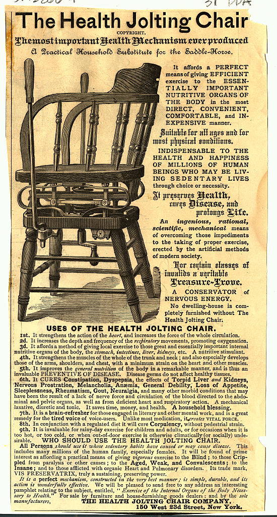 An advertisement for &quot;The Health Jolting Chair,&quot; promoting its health benefits, such as improving blood circulation and treating various ailments. Includes testimonials and usage tips
