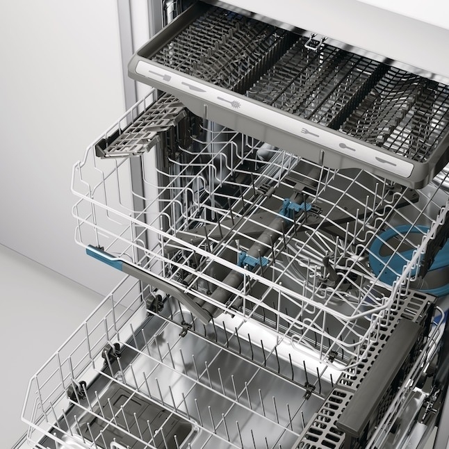 Open dishwasher with empty racks, showcasing various compartments and modern design