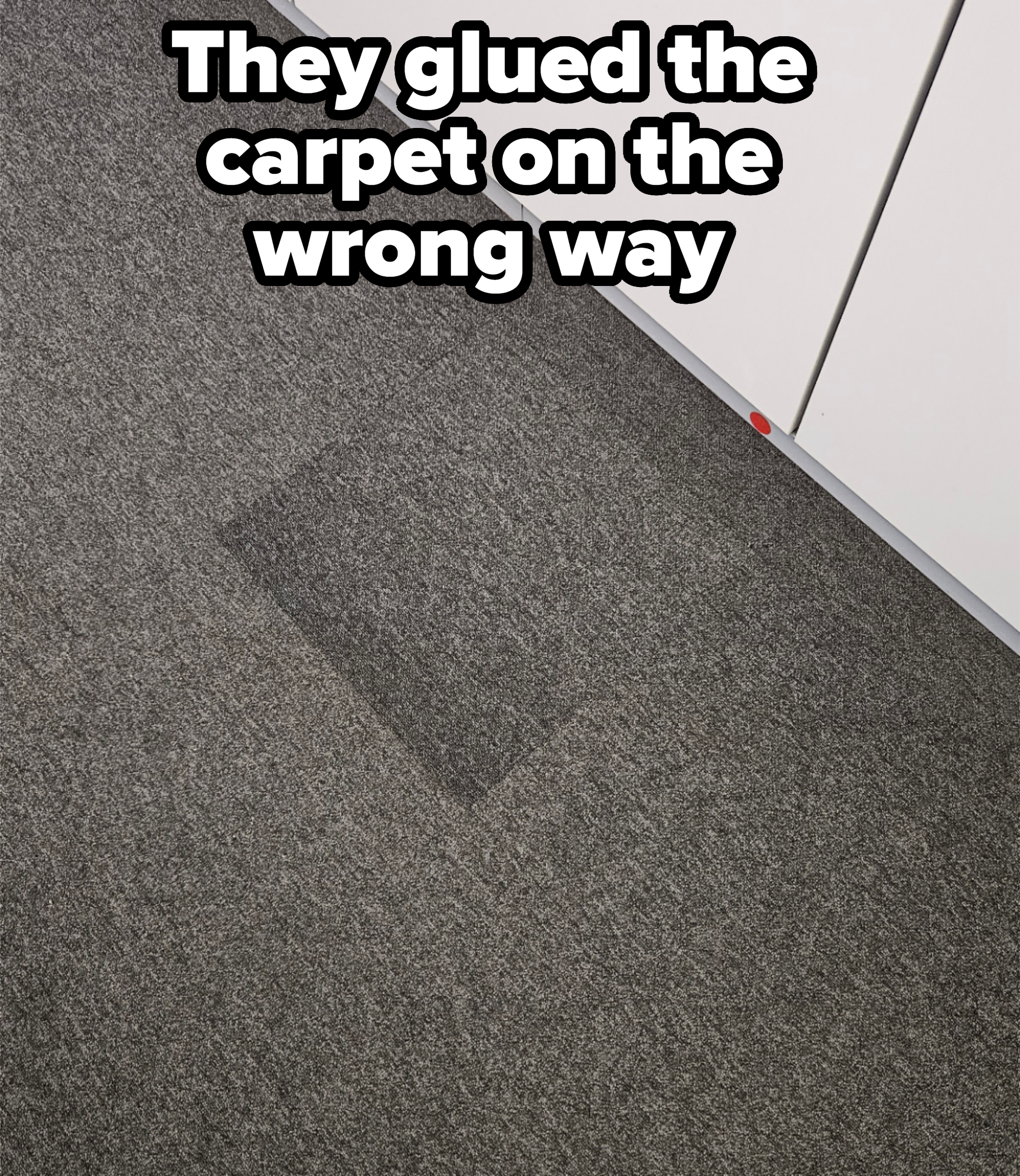 Patch of damp carpet near a white cabinet