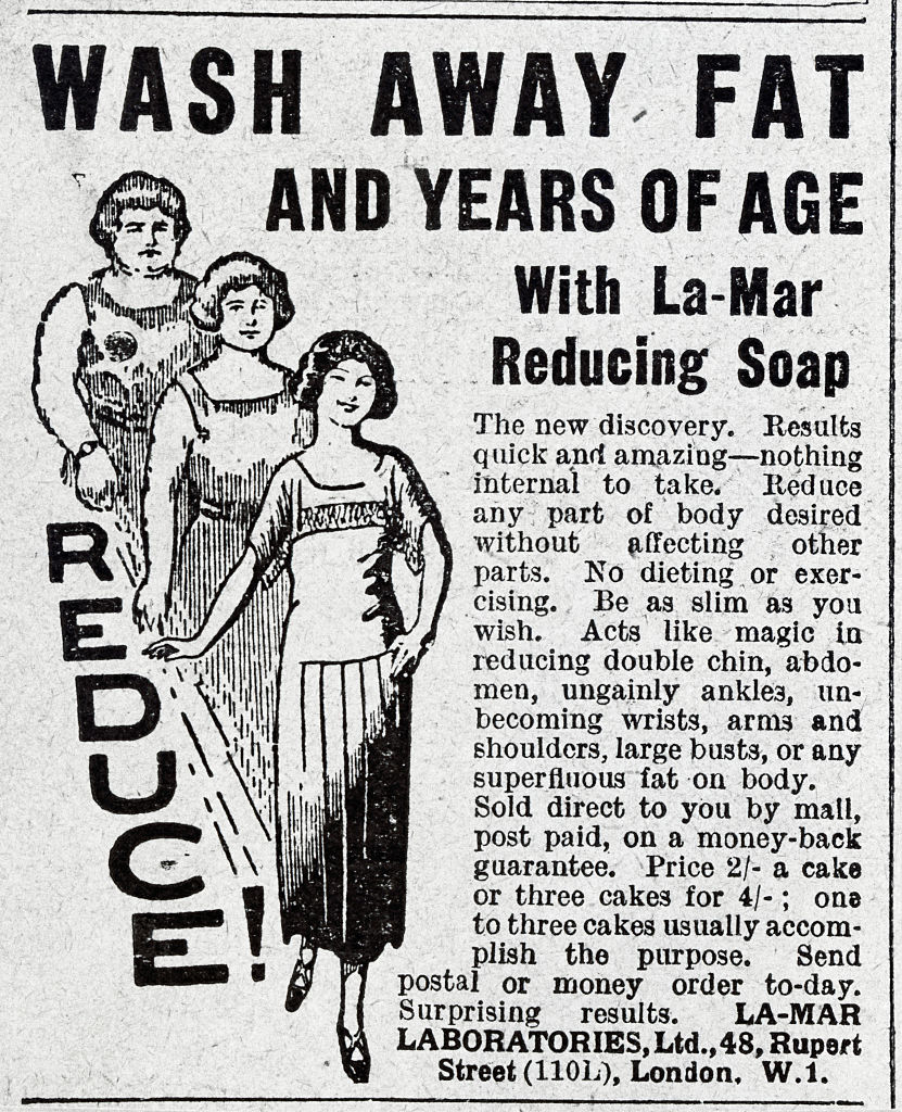 Vintage advertisement for La-Mar Reducing Soap, promoting fat and age reduction with non-internal, external application, boasting quick and surprising results