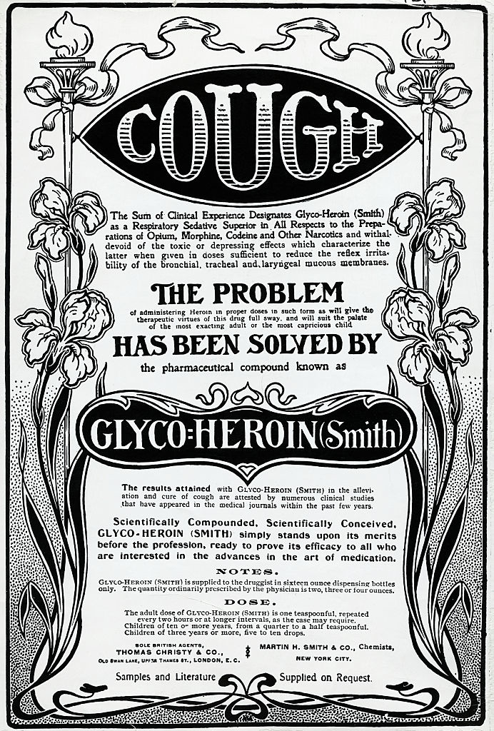 Vintage pharmaceutical advertisement for Glyco-Heroin (Smith) promoting its use for coughs and respiratory conditions, emphasizing its effectiveness and scientific formulation