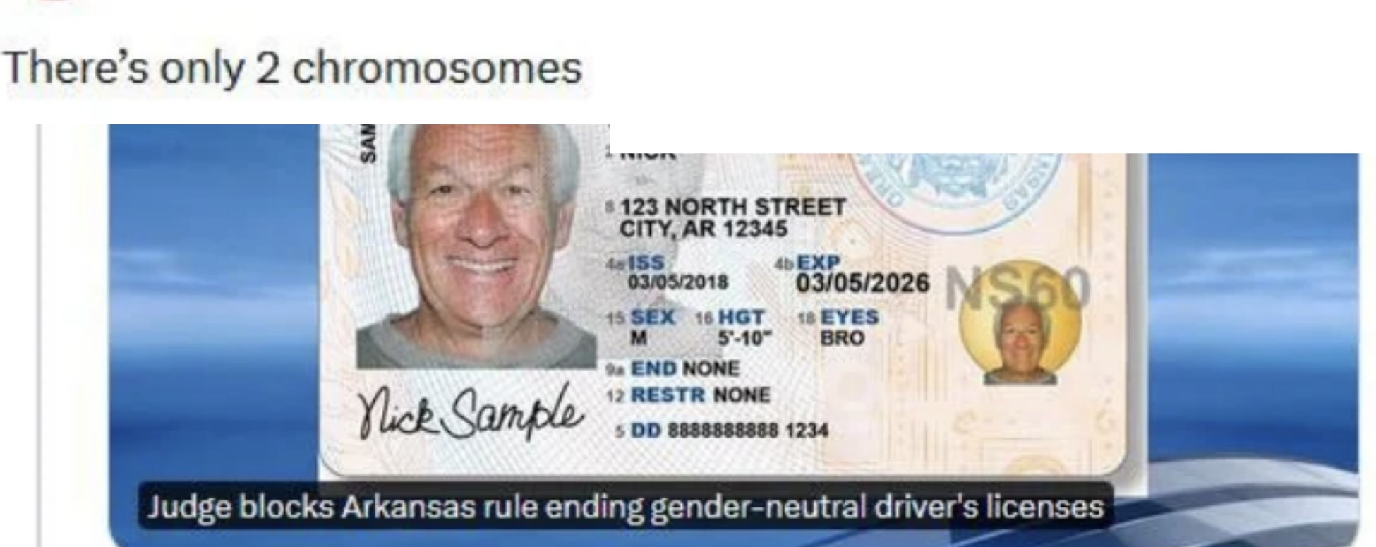 A news tweet by KATV News about Arkansas&#x27; policy on gender-neutral driver&#x27;s licenses with a sample license image and a highlighted comment &quot;There’s only 2 chromosomes.&quot;