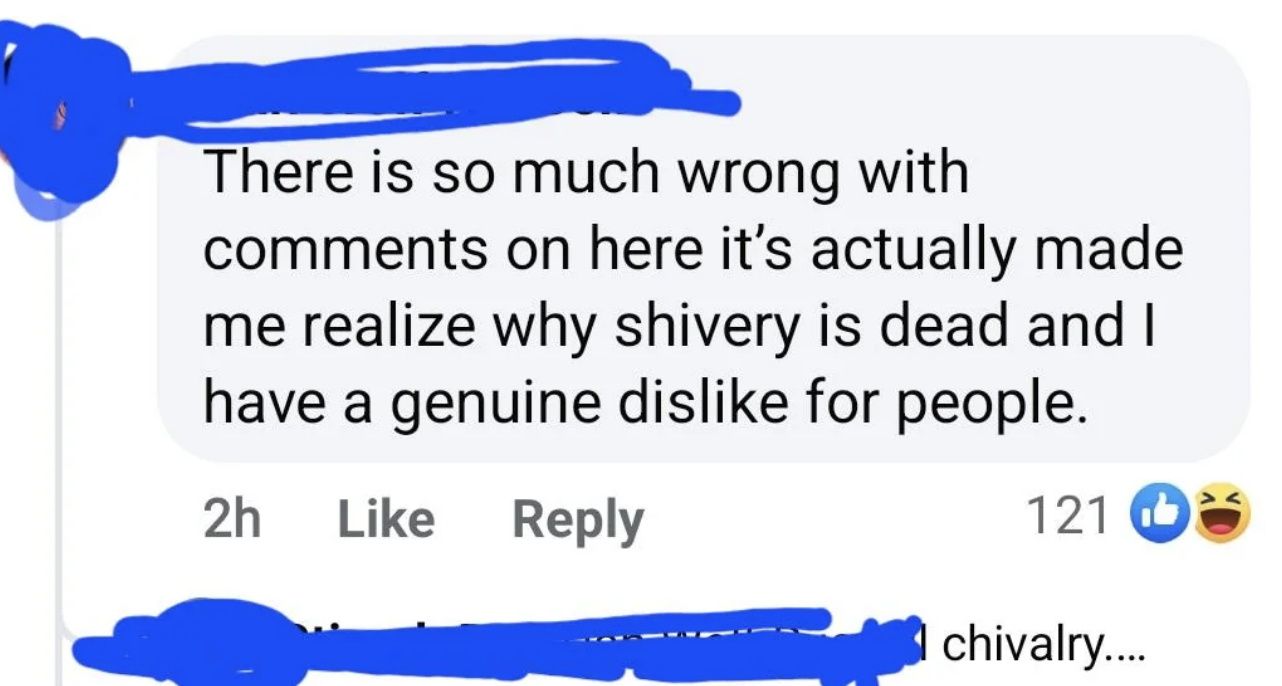 Screenshot of a Facebook comment reading, &quot;There is so much wrong with comments on here it’s actually made me realize why shivery is dead and I have a genuine dislike for people.&quot;