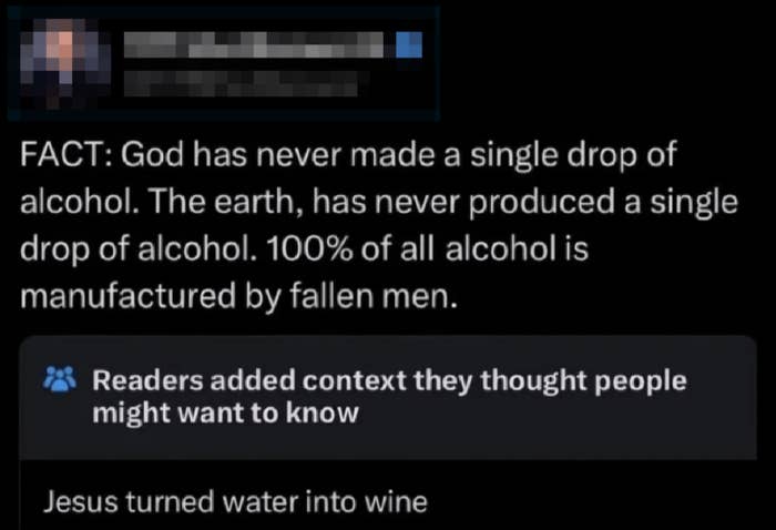 Tweet by Tiff Shuttlesworth claiming that God and Earth have never produced alcohol. Reader&#x27;s note below states that Jesus turned water into wine
