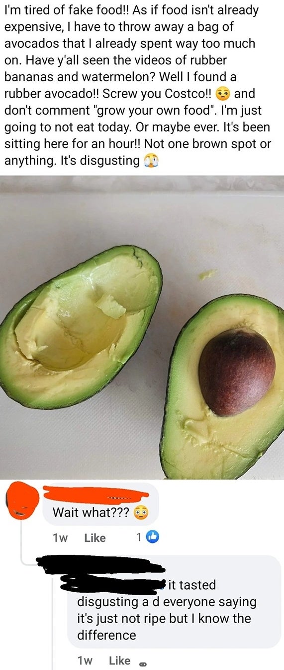 A Facebook post shows an avocado with a red surface inside. The post complains about fake food, particularly avocados, and includes a reaction comment