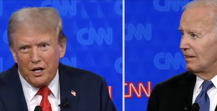 Donald Trump and Joe Biden are speaking at a CNN broadcast event. Both are dressed in suits and ties